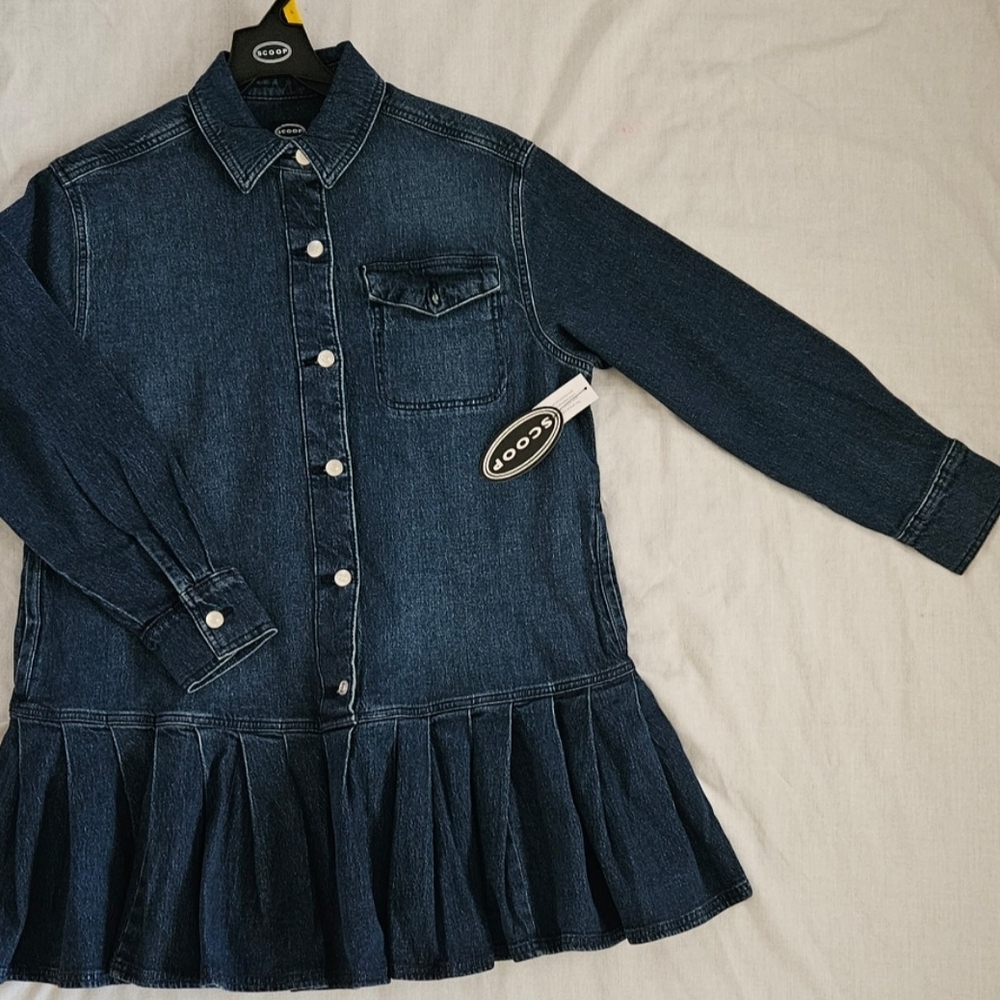 Scoop Women’s Denim Pleated Mini Shirt Dress Long Sleeve, Size M & L, NWT